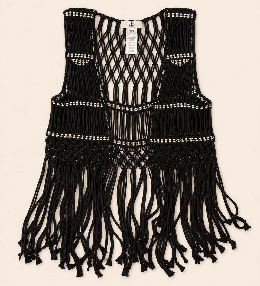 Y2K‎ Boho Coachella Festival Fringe Beaded Macrame Vest UB One Size